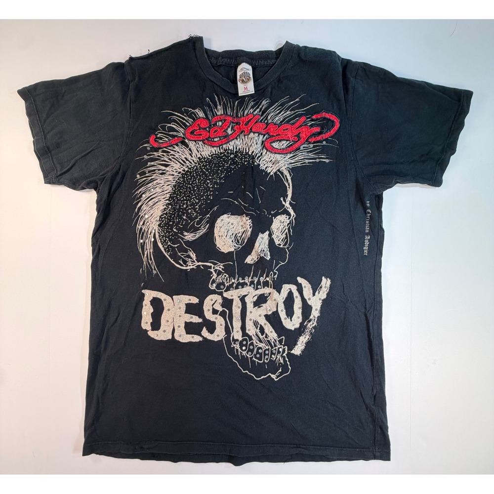 Ed Hardy Christian Audigier Punks Not Dead Destroy Mohawk Skull Tee Black M